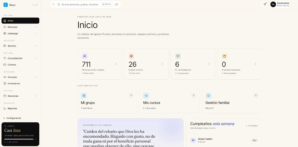 Panel de Nissi con reportes y cuidado pastoral para iglesias